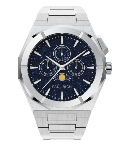 Paul Rich silver watch with aventurine dial, moonphase display, and three subdials on a brushed silver bracelet.