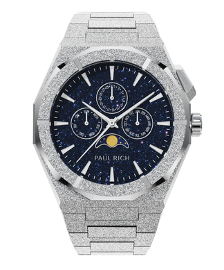 Paul Rich frosted silver watch with aventurine dial, moonphase display, and three subdials on a frosted silver bracelet.