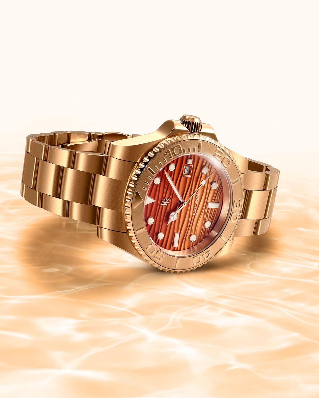 Gold-tone watch with an orange wave-textured dial resting on warm reflective water, showing the case, bezel, and bracelet in detail. product_visual