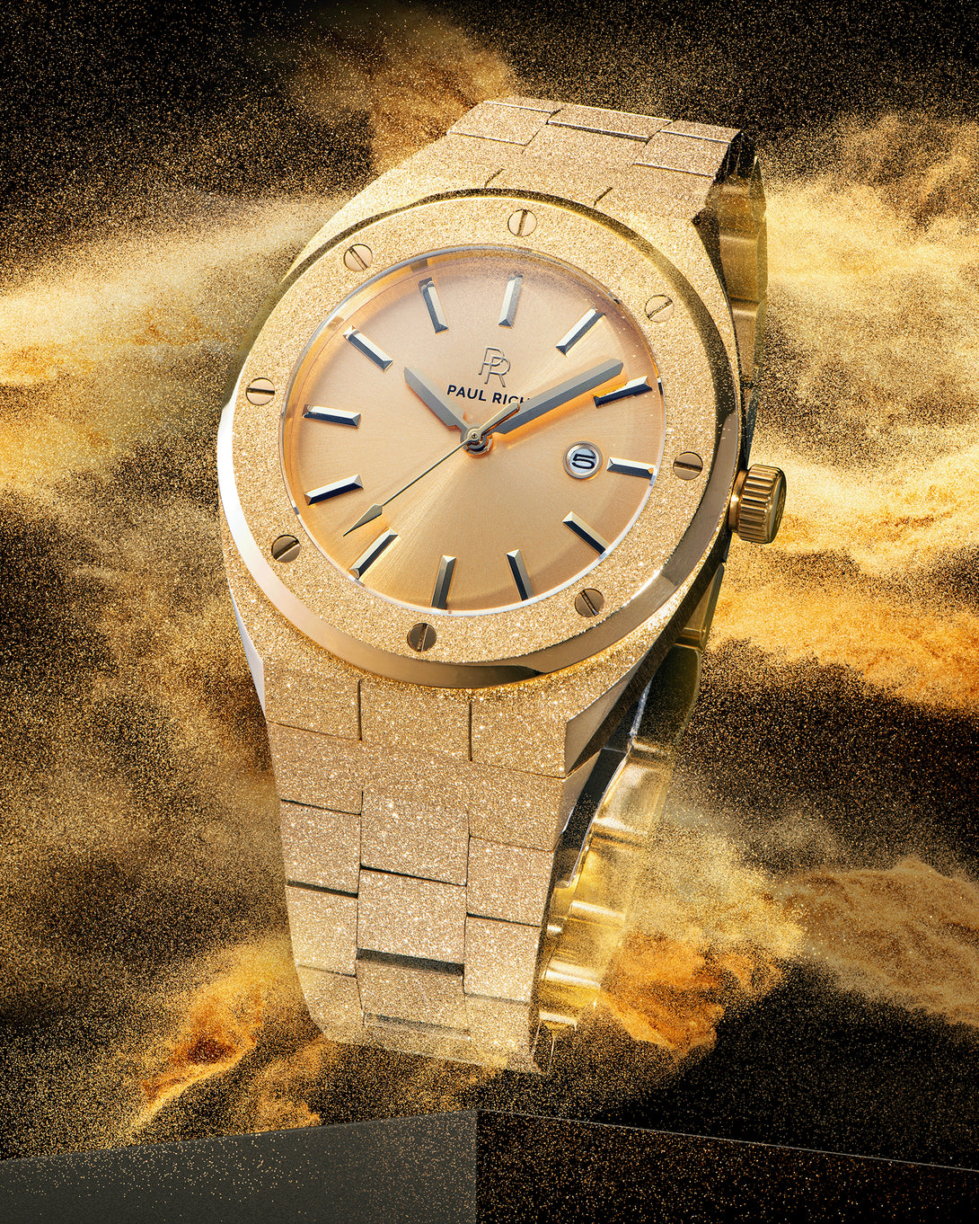 Gold watch with a textured band on a dark background product_visual