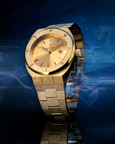 Gold watch with a metallic band on a cosmic background product_visual [lifestyle]