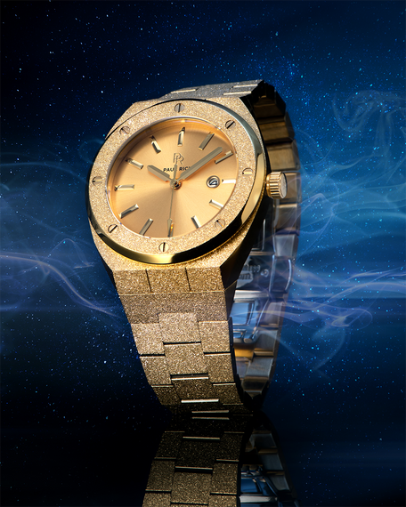 Gold watch with a metallic band on a cosmic background product_visual [lifestyle]