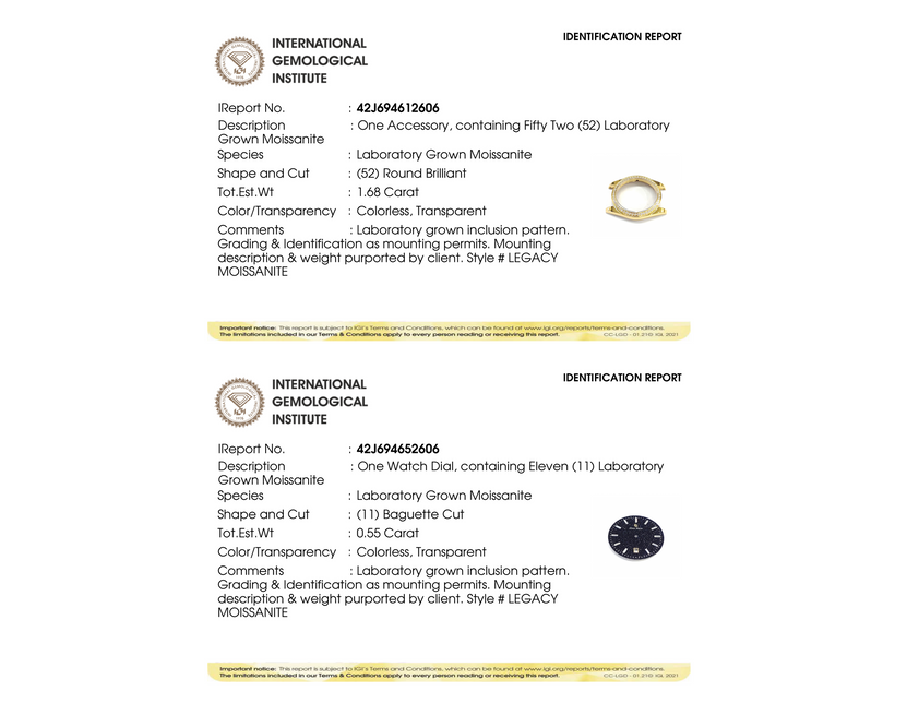 IGI grading reports for Moissanite Legacy Gold - Aventurine Blue: bezel (52 round-brilliant moissanite, 1.68 ct) and dial, both Colorless, Transparent.