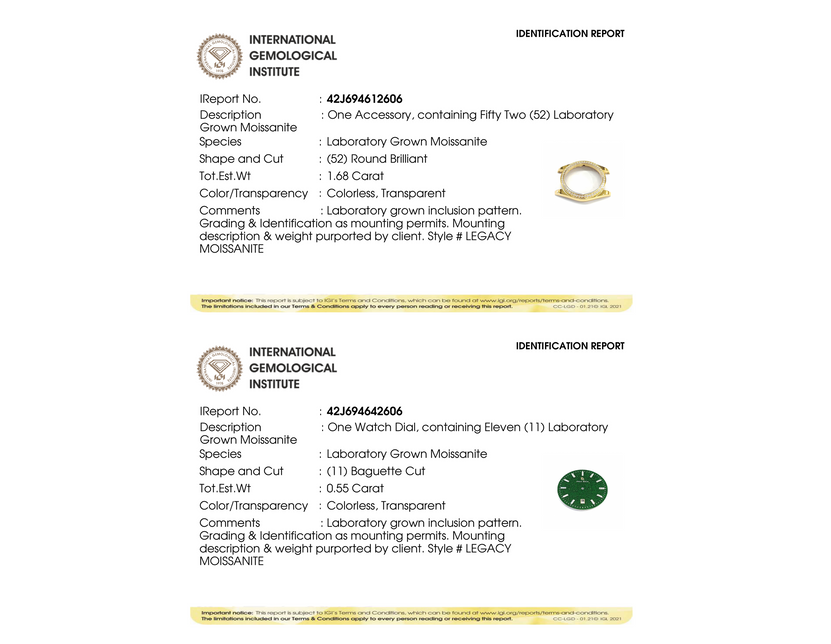 IGI grading reports for Moissanite Legacy Gold - Aventurine Green: bezel (52 round-brilliant moissanite, 1.68 ct) and dial, both Colorless, Transparent.