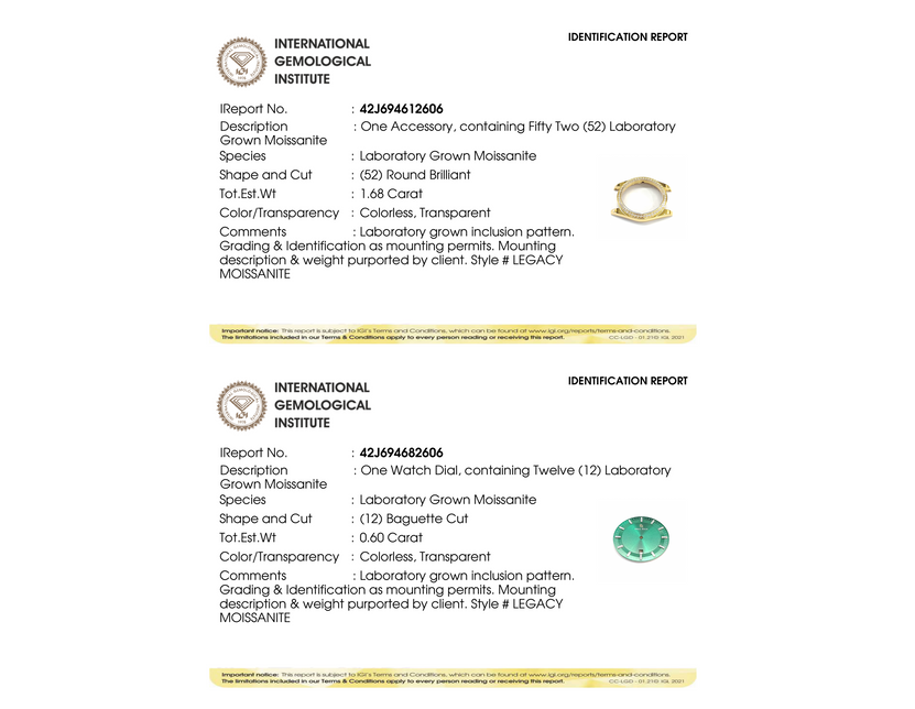 IGI grading reports for Moissanite Legacy Gold Green: bezel (52 round-brilliant moissanite, 1.68 ct) and dial, both Colorless, Transparent.
