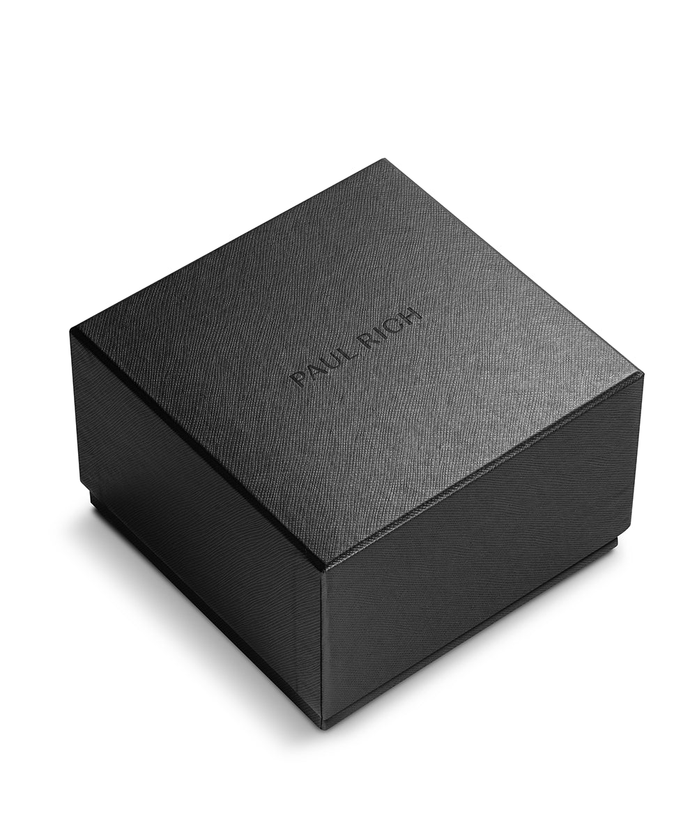 Closed black Paul Rich watch box with the name embossed on its textured lid, on a white background [product_visual]