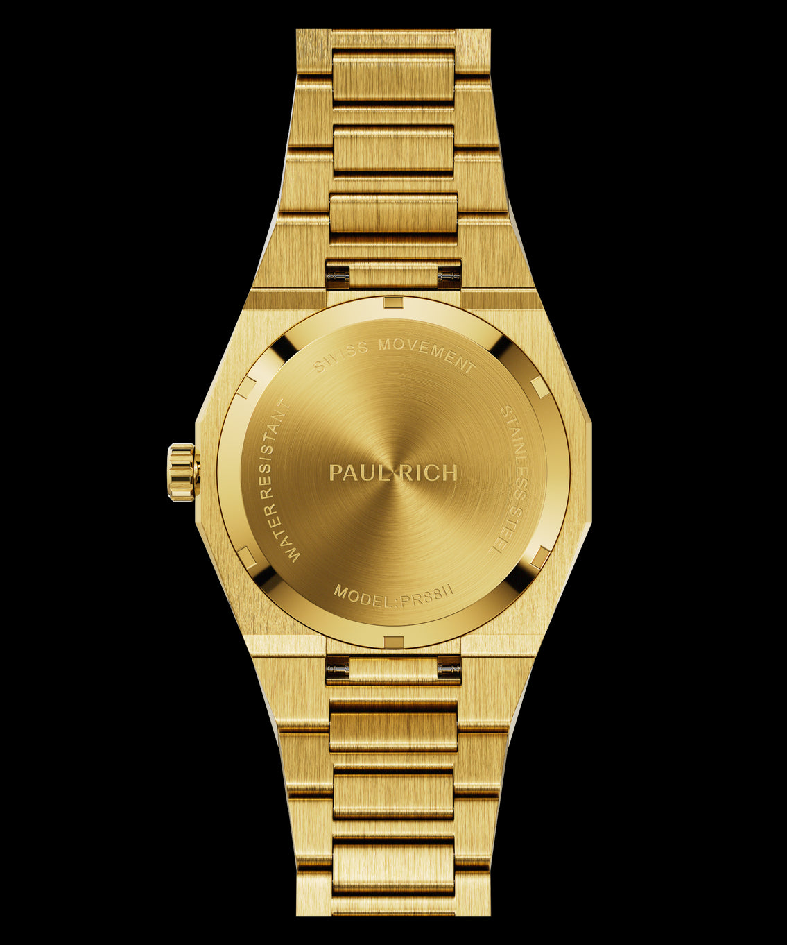 Back view of Paul Rich gold watch showing brushed caseback with Swiss Movement engraving and model PR88II.