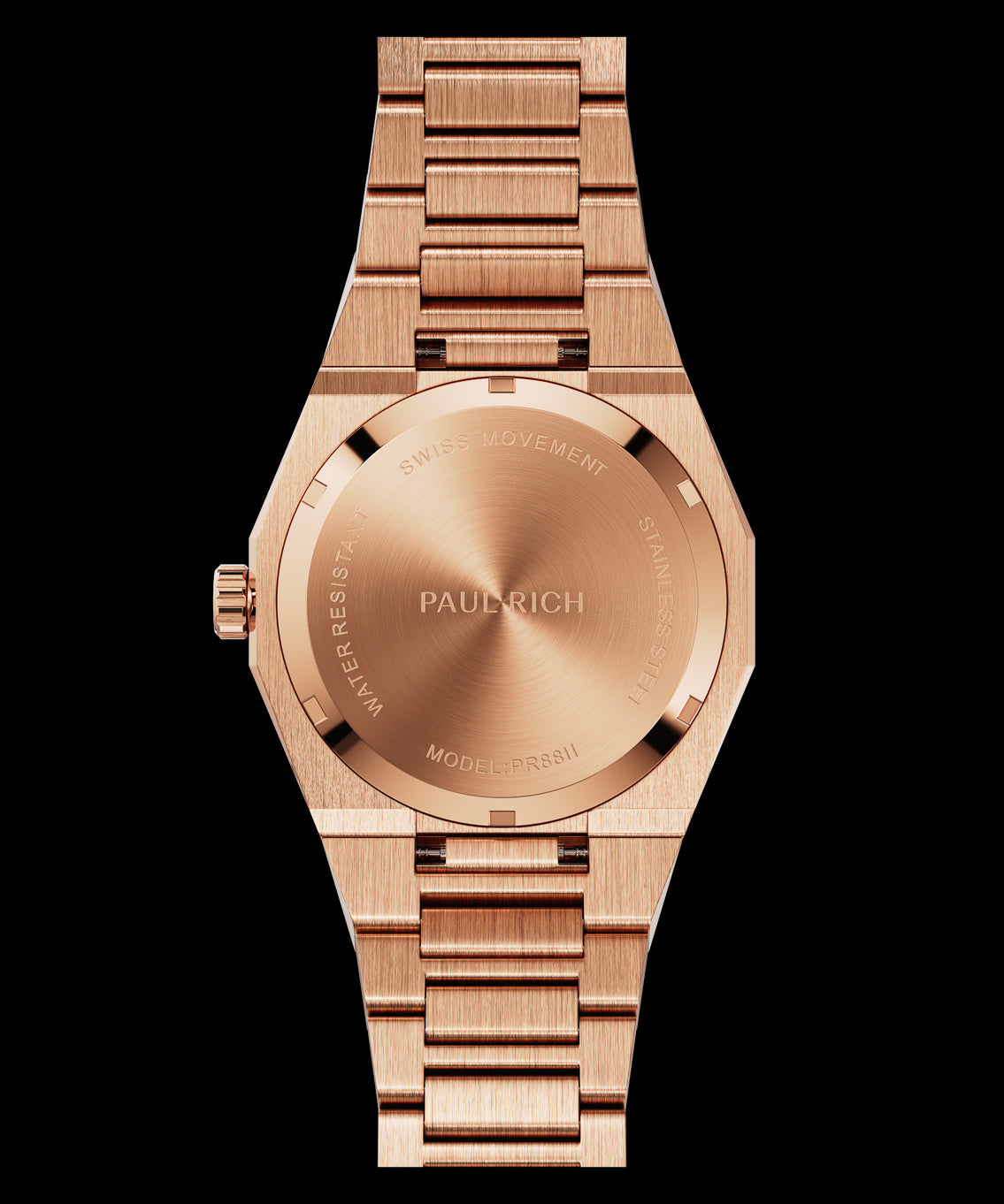 Back view of Paul Rich rose gold watch showing brushed caseback with Swiss Movement engraving and model PR88II.