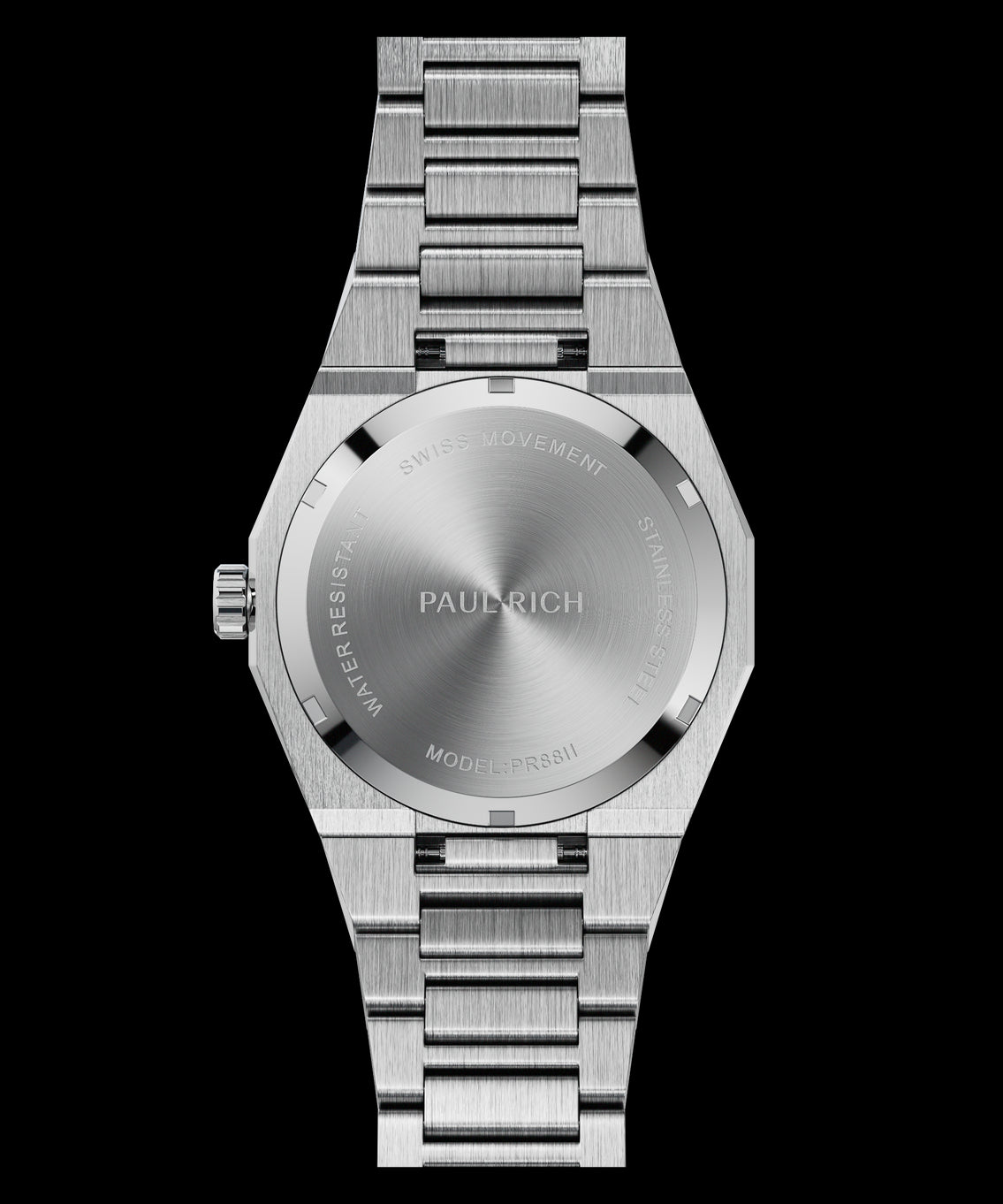 Back view of a silver wristwatch with a brushed stainless steel case back engraved with “Paul Rich,” “Swiss Movement,” and “Model: PR8II.